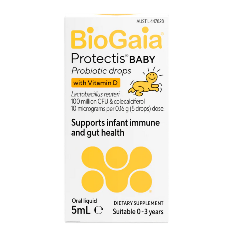 A Supplement container with the name Protectis Baby Probiotic drops with vitamin D by BioGaia.