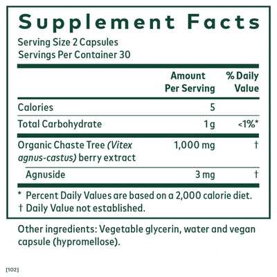 Ingredients: Organic Chaste Tree (Vitex agnus-castus) berry extract, Agnuside.