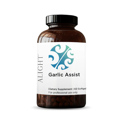 A white supplement bottle which says alright garlic assist dietary supplement 60 softgels for professional use only 