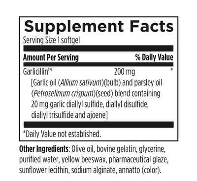 Ingredients list:
Garlicillin, Garlic oil, Allium sativum, bulb, parsley oil, petroselinum crispum, seed, blend containing 20mg garlic diallyl sulfide, diallyl disulfide, diallyl trisulfide and ajoene, olive oil, bovine gelatin, glycerine, purified water, yellow beeswax, pharmaceutical glaze, sunflower lecithin, sodium alginate, annatto color 