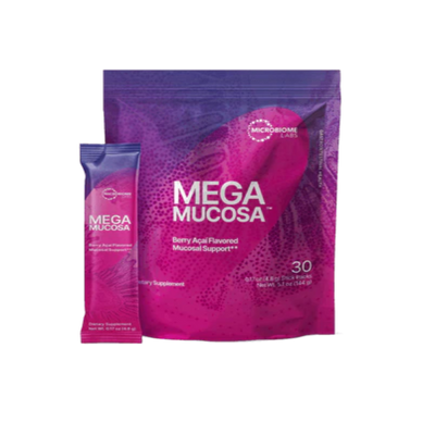 A Supplement ouch with the name MegaMucosa Powder berry Acai Stick packs (30) by Microbiome Labs.