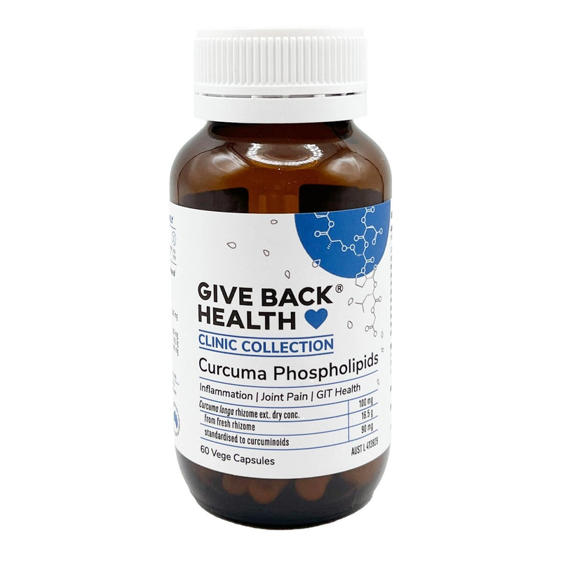 Image of a white supplement bottle that says give back health clinic collection curcuma phospholipids inflammation joint pain GIT health
