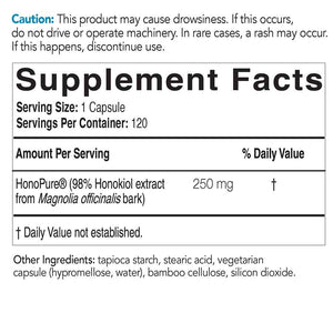 Supplement facts for HonoPure listing ingredients including Honokiol, Magnolia
