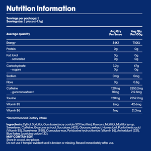 Ingredients: Caffeine 60mg Vitamin B5, Vitamin B6, Taurine