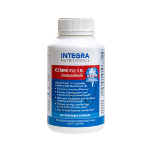 A Supplement container with the name Gemmune I.B. ImmunoBiotic (168 Vegetable Caps) by Integra Nutritionals.