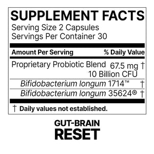 Supplement facts for Gut-Brain Reset 60c listing ingredients including Bifidobacterium, Bifidobacterium longum, Longum