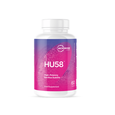A Supplement container with the name HU58 High-potency Bacillus Subtilis by Microbiome Labs.