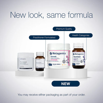 An image showing the older and new labels for the Metagenics range.