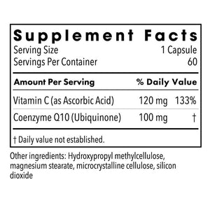 Supplement facts for CoQ10 100mg 60c listing ingredients including Co-Enzyme Q-10, Coenzyme Q10 (ubiquinone), Vitamin A, Vitamin C