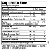 Ingredients: Vitamin C, Ascorbic acid, Vitamin E, Alpha Tocopheryl Acid Succinate, Vitamin b6, Pyridoxine HCI, Folate, l-5-Methylfolate, Vitamin b12, Methylcobalamin, Dim, NAC, N-acetlycystine, Lemon bioflavonoids, calcium d-glucarate.