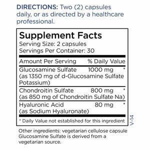 Supplement facts for Glucosamine Chondroitin with Hyaluronic Acid 60c listing ingredients including Chondroitin Sulfate, Glucosamine Sulfate Potassium Chloride, Hyaluronic Acid, Potassium, Sodium