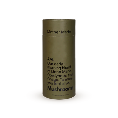 A Supplement container withy the name AM Blend - Mushroom Drink by Mother Made.