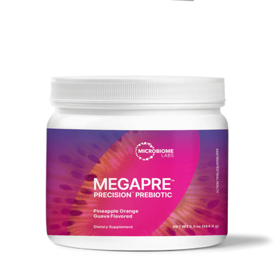 A Supplement tub with the name Megapre (144.6g) by Microbiome Lbs.