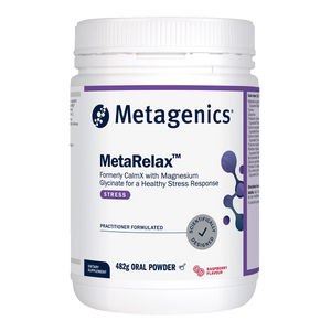 A Supplement container with the name MetaRelax  Raspberry 482g (formerly CalmX) by Metagenics.