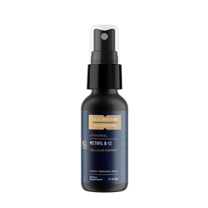 A Supplement container with the name Methyl B-12 Liposomal by Quicksilver.