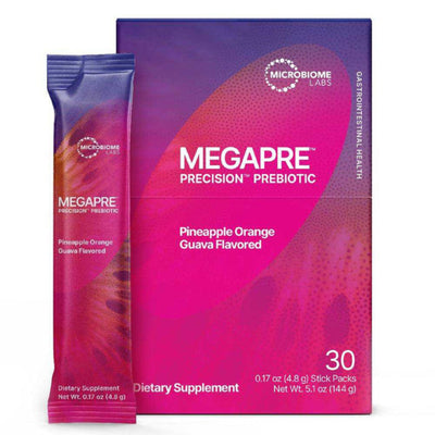 A Supplement box with the name Megapre Pineapple, Orange and Guava flavor (30 Stick pack) by Microbiome Labs