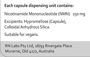 Supplement facts for NMN 60c listing ingredients including NMN, Vitamin B3 Nicotinamide Mononucleotide (NMN)