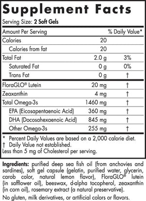 Text describing the ingredients: FloraGLO Lutein, Zeaxanthin, Omega-3s, EPA, DHA.