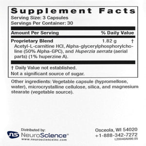 Ingredients: Proprietary Blend: Acetyl-L-carnitine HCI, Alpha-glycerylphosphorylcholine (50% Alpha-GPC), and Huperzia serrata (aerial parts)(1% huperzine A).