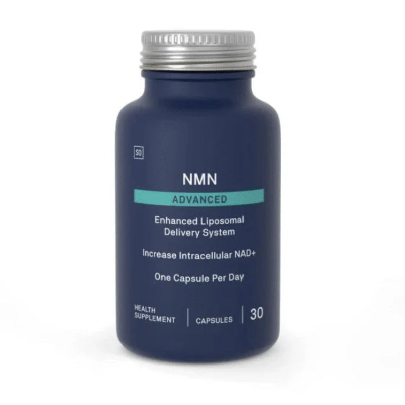 Image of a blue bottle that says NMN advanced enhanced liposoal delivery system, increase intacellular NAD+ ne capsule a day. health supplement 30 capsules 