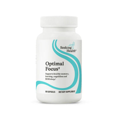 A Supplement container with the name Optimal Focus by Seeking Health.