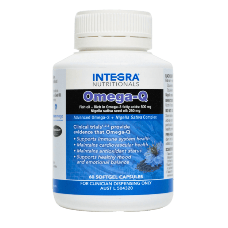 A Supplement container with the name Omega-Q by Integra Nutritionals.