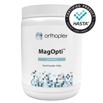 A Supplement container with the name MagOpti (520g) by Orthoplex.