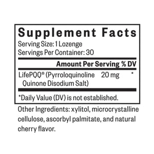 Ingredients: LifePQQ Pyrroloquinoline Quinone Disodium Salt).