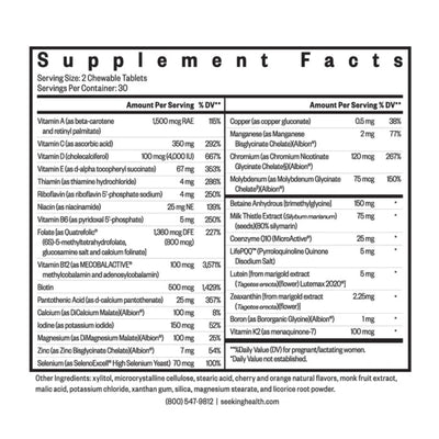Ingredients: Vitamin A, C, D, E, B6, B12, K2, Thiamin, Riboflavin, Niacin, Folate, Biotin, Pantothenic, Calcium, Iodine, Magnesium, Zinc, Selenium, Copper, Manganese, Chromium, Molybdenum, Betaine Anhydrous, Milk thistle extract, Coenzyme Q10, LifePQQ, Lutein, Zeaxanthin, Boron.
