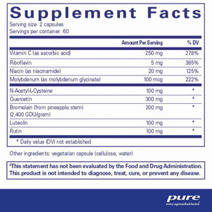 Supplement facts for Hist Reset 120c listing ingredients including Ananas comosus, Bromelain, Luteolin, Molybdenum, Molybdenum (as molybdenum glycinate)