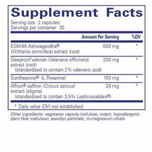 Supplement facts for Pure Sleep 60c listing ingredients including Ashwagandha, Crocus Sativus Stigmas, KSM-66, L-theanine (Suntheanine), Saffron