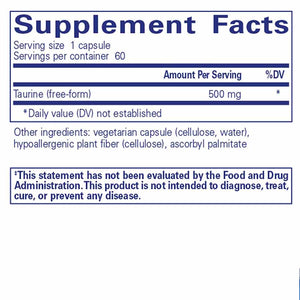 Supplement facts for Taurine 500mg 60c listing ingredients including Taurine