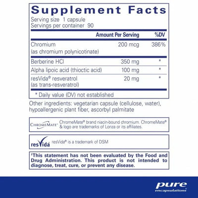 Text describing the ingredients: Chromium (as chromium polynicotinate), Berberine HCI, Alpha lipoic acid (thioctic acid), resVida reseratrol (as trans-resveratrol).