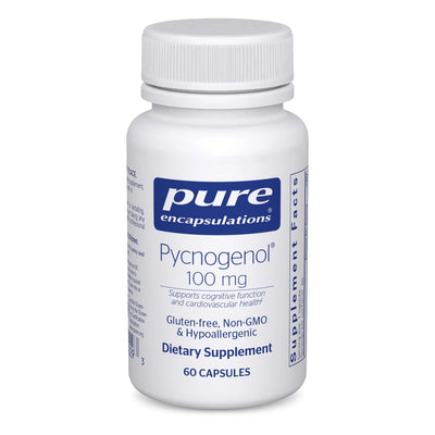 A Supplement container with the ame Pycnogenol 100mg (60 Caps) by Pure Encapsulations.