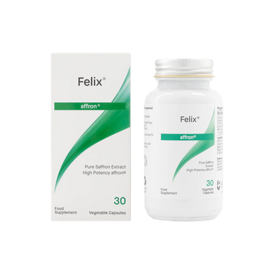Image of a white bottle that says felix affron pure saffron extract high potency affron Food Supplement 30 vegetable capsules 
