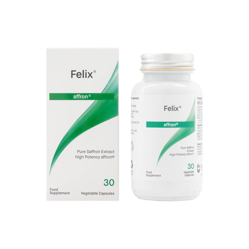 Image of a white bottle that says felix affron pure saffron extract high potency affron Food Supplement 30 vegetable capsules 
