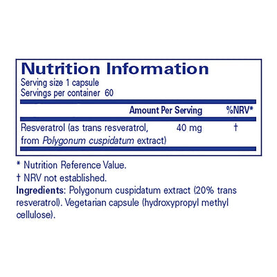 Ingredients: Resveratrol (as trans resveratrol, from Polygonum cuspidatum extract)