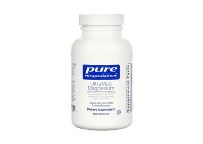 A Supplement container with the name UltraMag Magnesium by Pure Encapsulations.