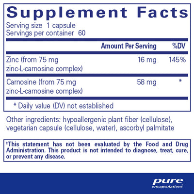 Text describing the ingredients: Zinc (from 75mg Zinc-L-Carnosine complex), Carnosine (from 75mg zinc-L-carnosine complex)