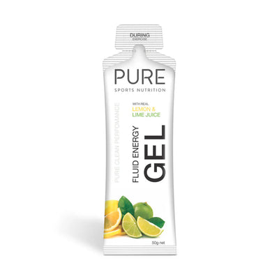 A Supplement container with the name Fluid Energy Gel (Lemon & Lime Juice) by pure Sports Nutrition.