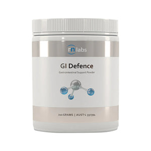 Image of a white supplement bottle that says GI defence RN labs Gastrointestinal Support Powder 210grams 