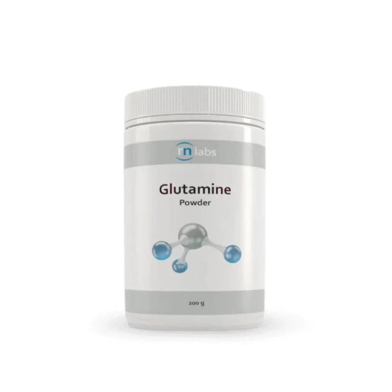 Image of a whote supplement bottle that says RN labs Glutamine Powder 200g 