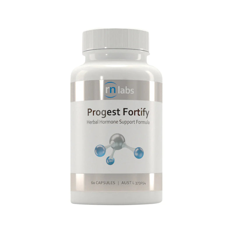Image of a white supplement bottle that says rn labs, progest fortify herbal hormone support formula 60 capsules 