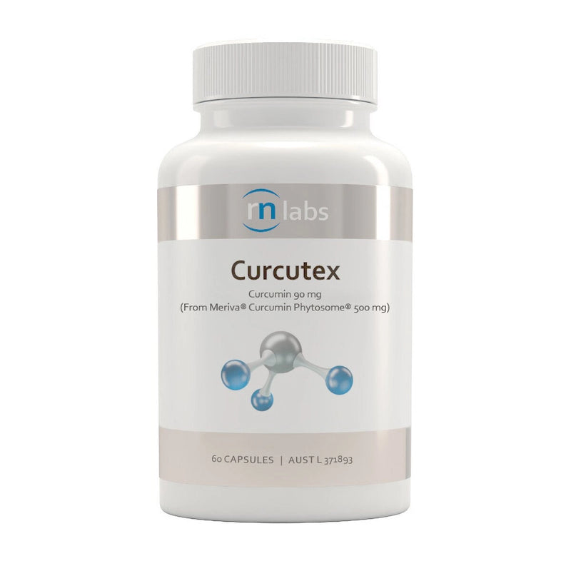 image of a white supplement bottle that says rn labs curcutex curcumin 90 mg (from meriva curcumin phytosome 500mg) 60 capsules 