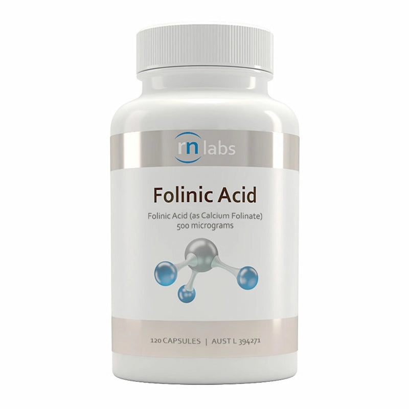 A n Image of a white supplement bottle that says rn labs folinic acid folinic acid (as calcium folinate) 500 micrograms 120 capsules 