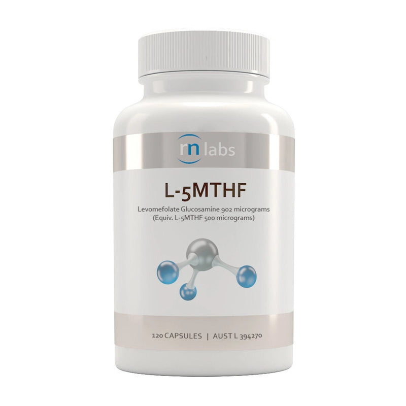 Image of a white supplement bottle that says rn labs L-5 MTF Levomefolate Glucosamine 902 micrograms (Equiv. L-5MTHF 500 micrograms) 120 capsules 