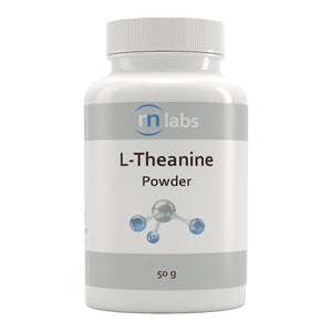 Image of a white supplement bottle that says rn labs L-Theanine Powder 50g 