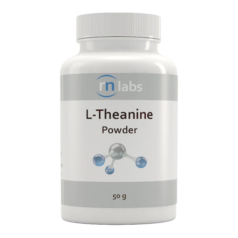 Image of a white supplement bottle that says rn labs L-Theanine Powder 50g 