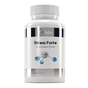 A Supplement container with the name Stress Forte by RN Labs.