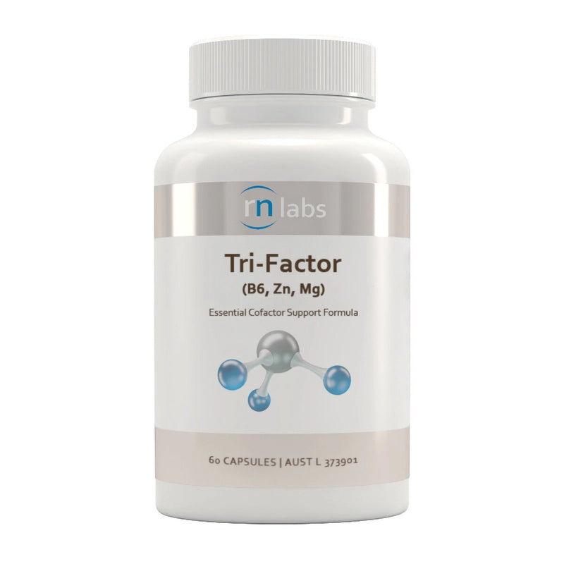 a white supplement bottle that says rn labs  tri-factor b6, Zn,Mg essential cofactor support formula 60 capules 